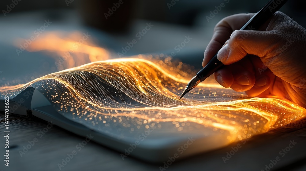 Aufkleber technology style whit net glowing wave,glowing line glow wave,glow line , hand writing on notepad.stock image