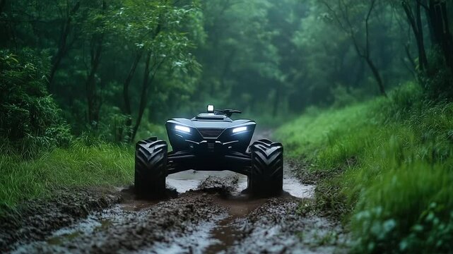 A self-driving robotic ATV with large rugged wheels making its way up a muddy forest trail, using AI to adjust speed and traction.