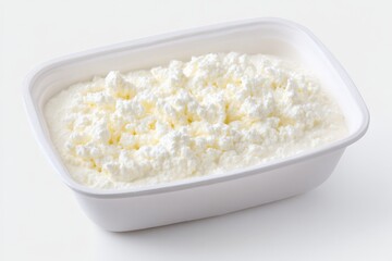 A white plastic container filled with creamy cottage cheese.