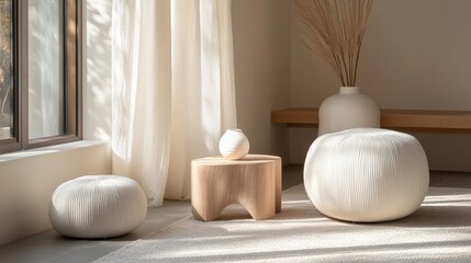 Neutral Living Room with Pouf and White Ceramic Pie
