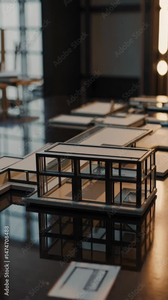 Poster a low-angle shot of architectural models on a reflective table, showcasing a modern design concept. 