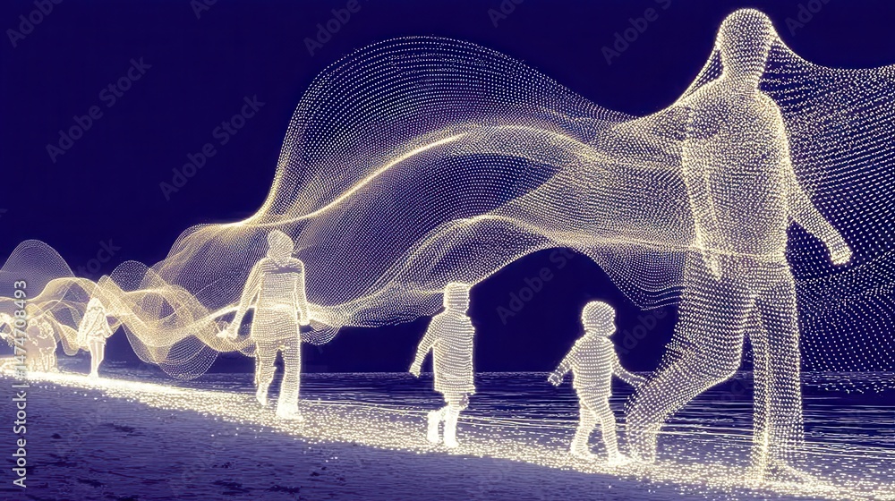 Aufkleber technology style whit net glowing wave,glowing line glow wave,glow line , happy family running on beach,stock photo