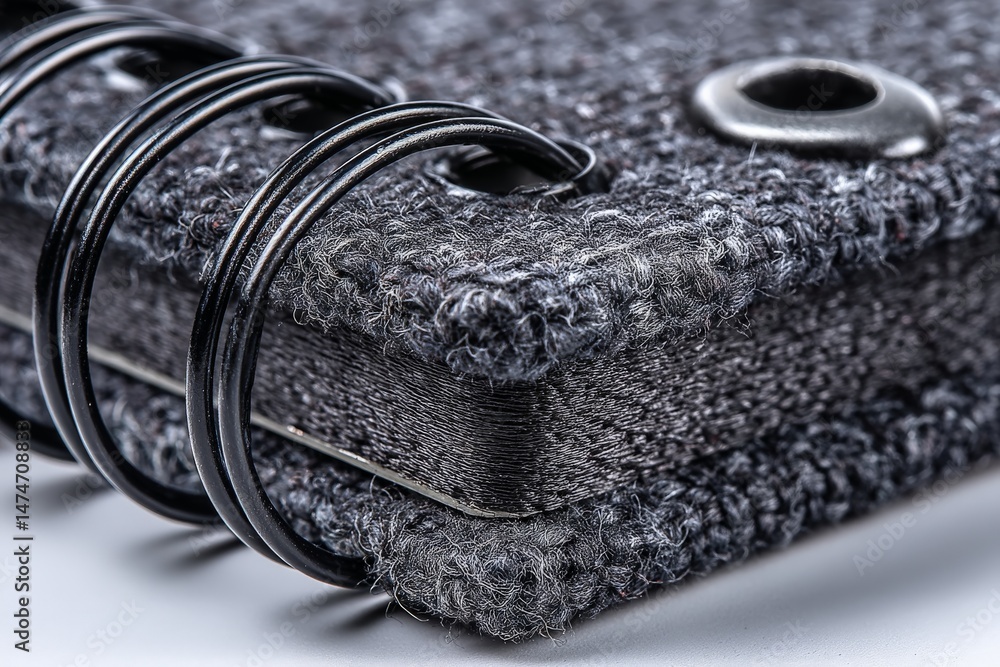Poster Detail of a textured black notebook binder with metal rings highlighting its craftsmanship and design features