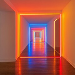Neon-lit corridor with vibrant color frames