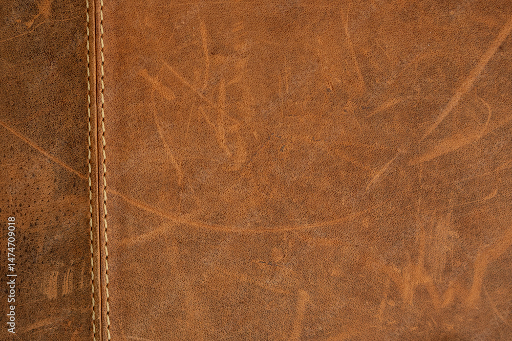 Poster High-resolution image of brown leather texture with visible stitching. Perfect for backgrounds, websites, and design projects.