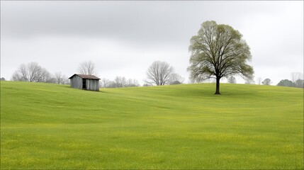 Obraz premium Lush Green Meadow with Rustic Shed and Majestic Tree Under Overcast Sky in Spring Season