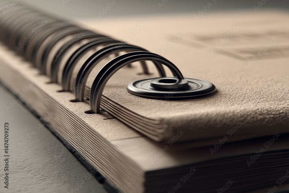 Aufkleber Close-up view of a spiral notebook placed on a table showcasing its binding and textured cover in a warm, natural light setting