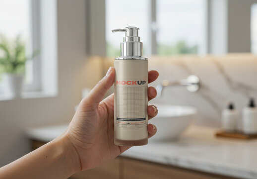 Hand Holding Serum Jar Mockup on Bathroom