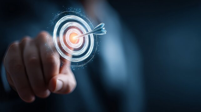 Businessman's hand holding a virtual target icon on a dark background. Digital marketing concept with a businessman holding a success goal or arrow in the center of an archery target to meet customer
