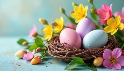 Fototapeta premium Vibrant pastel eggs nestled in a spring floral arrangement , spring decor, springtime celebration