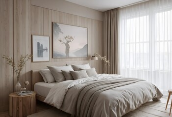 Natural material curtains and stylish bedding in Nordic style