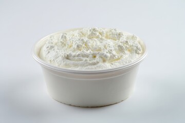 Creamy white dairy product in a plastic bowl.