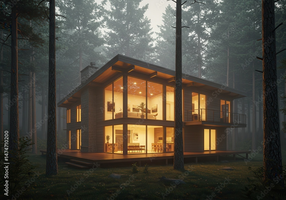 Aufkleber modern house with large windows illuminated in a misty forest at dusk with tall trees around it