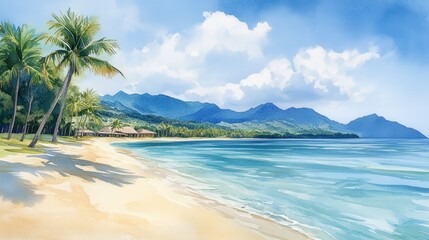 Serene tropical beach with lush palm trees surrounded by crystal clear waters and soft sand