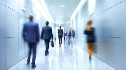 businesspeople walking in the corridor of an business center, pronounced motion blur