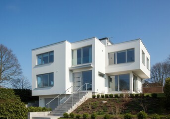 Modern white house with large windows and stairs leading to the entrance under a clear blue sky day