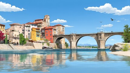 Naklejka premium Scenic riverside view with historic bridge and colorful buildings under bright blue skies
