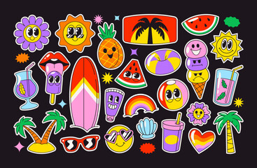 Funny summer retro stickers set with kawaii groovy emoticons, vacation accessories, nature elements