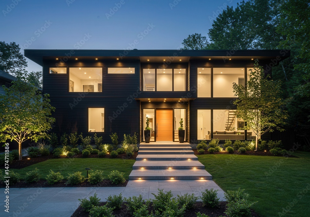 Aufkleber modern house with large windows and illuminated pathway at twilight showcasing architectural design