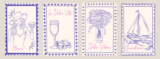 Vintage hand drawn vector doodle themed around Dolce Vita. Print, wall art, vector travel postcard stamp, summer emblem, placard or poster. Vector.