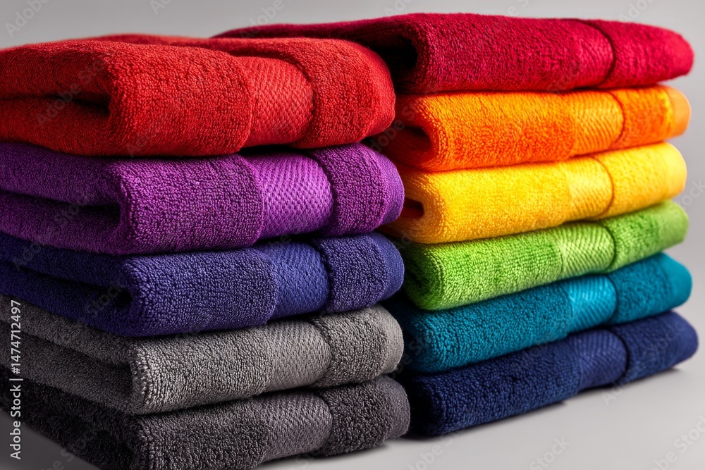 Poster Stacked colorful towels arranged neatly on a surface showcasing vibrant hues and textures in a modern setting