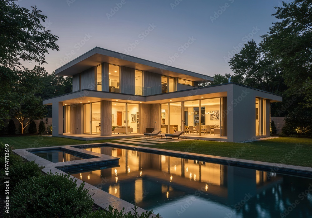 Aufkleber modern home with large windows and a pool reflecting the lights at dusk in a luxurious setting