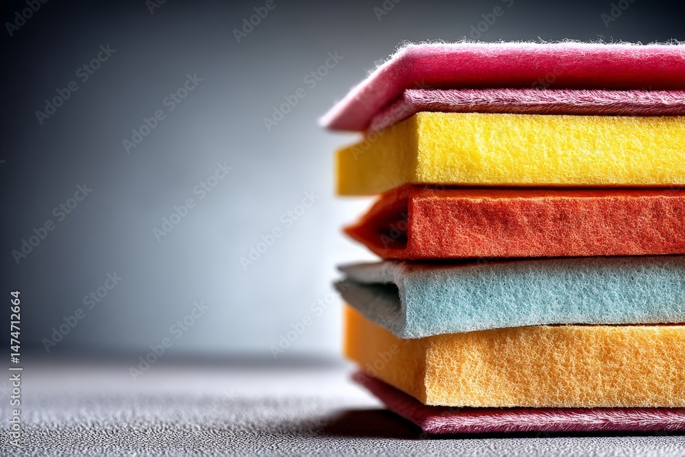 Poster colorful felt sheets stacked neatly on a textured surface in a well-lit indoor space