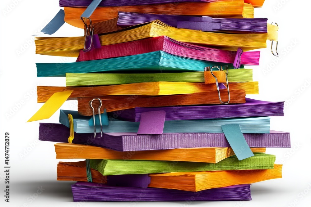 Poster Colorful stack of sticky notes and paperclips on a white background captures organization and creativity in an office setting