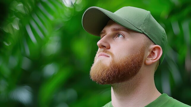 Contemplative Man with Ginger Beard in Lush Green Tropical Setting