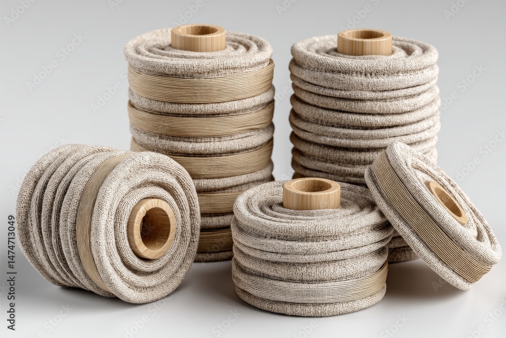 Poster natural fabric rolls stacked together on a neutral background in a creative workspace