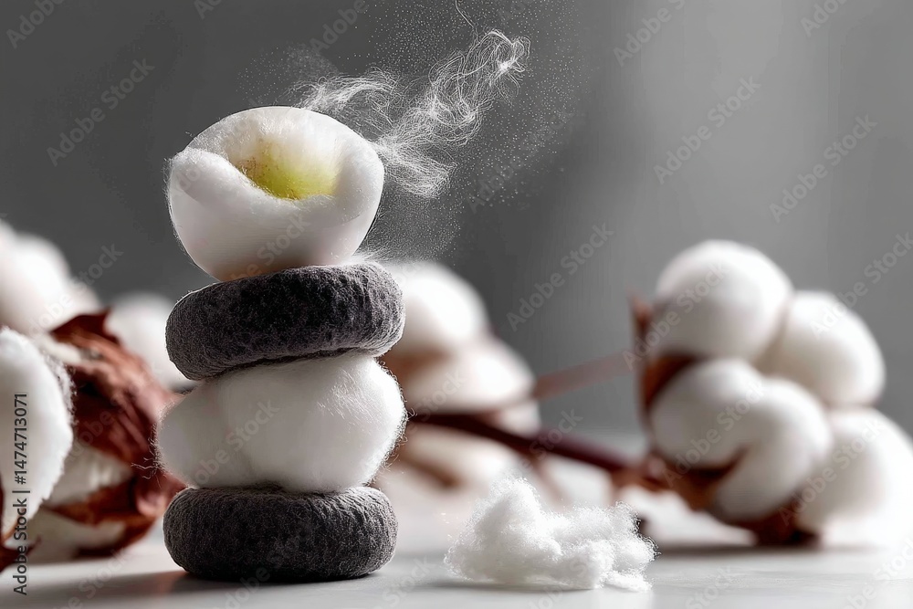 Poster decorative cotton and soapstone arrangement with wisps of steam highlighting natural textures in a s