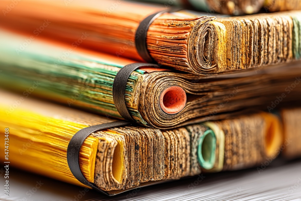 Poster artfully arranged stack of colorful worn papers tied with bands in a cozy workspace
