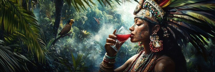 Woman in headdress drinks from glass in jungle setting.