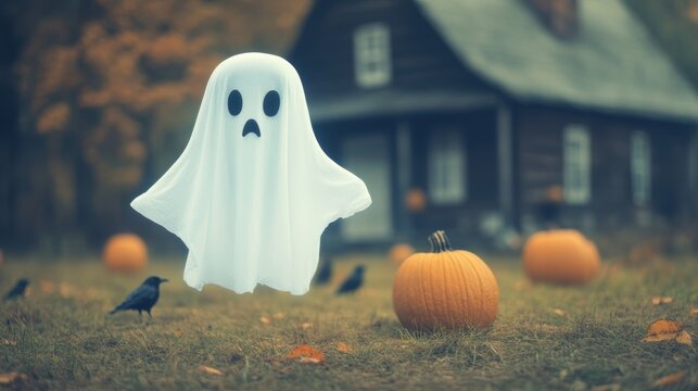A playful ghost figure floats among pumpkins and crows in a whimsical autumn setting, ideal for Halloween-themed projects, decorations, or promotional materials related to fall festivities,