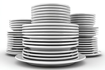 Obraz premium Stacked white plates in a modern kitchen setting create a clean, minimalist aesthetic ideal for dining and entertaining