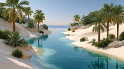 Fototapeta premium Aerial View of Serene Remote Desert Oasis Featuring Lush Palm Trees and Tranquil Water