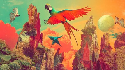 Colorful birds fly over a surreal landscape with rock formations and a yellow sun.