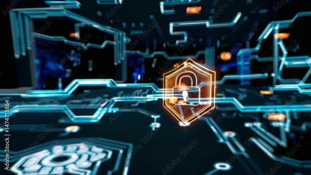 Poster hand touching holographic shield lock icon representing advanced digital security system with circui