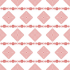 Christmas and New Year seamless pattern. Red snowflakes on white pixel pattern for winter hat,sweater, wrapping,fabric or other designs.	