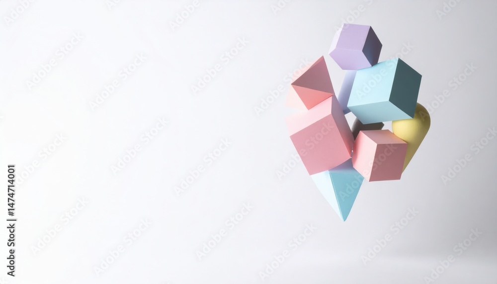 Poster floating geometric shapes abstract studio digital art minimalist environment aerial view creative co
