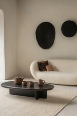 Minimalist living room features a cream-colored, curvaceous sofa, dark brown coffee table, and circular wall art.  Beige rug on light cream walls