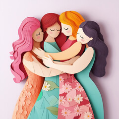 This image features a paper-cut craft style illustration of  women embracing each other. Each woman has different colored hair. Friends, mothers day, family concept.