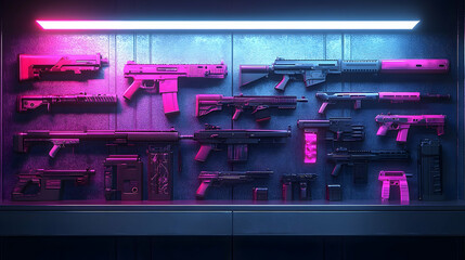 Fototapeta premium Futuristic firearms display neon pink blue lighting sci fi weapons collection