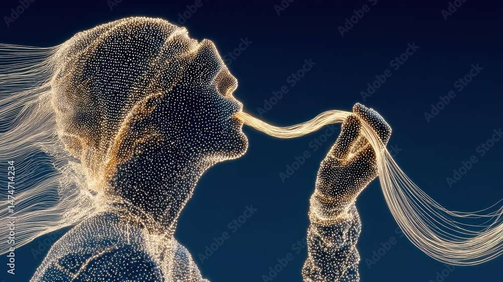 Poster technology style whit net glowing wave,glowing line glow wave,glow line , man tasting spaghetti,phot