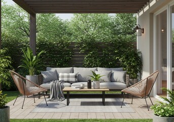 Fototapeta premium Outdoor patio with sofa chairs table plants and pergola surrounded by lush green foliage view