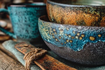 Fototapeta premium Rustic handmade pottery and ceramics display with earthy tones showcasing texture and artistry in a cozy setting