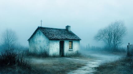 A solitary, foggy cottage stands in a desolate landscape, evoking an eerie tranquility, Ideal for themes of isolation, mystery, or nostalgia in storytelling, art, and promotional material,