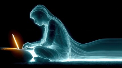 technology style whit net glowing wave,glowing line glow wave,glow line , man working on laptop at home