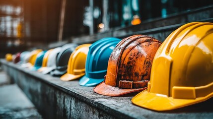 Fototapeta premium Colorful hard hats lined on a construction site. Industrial construction building activity onsite