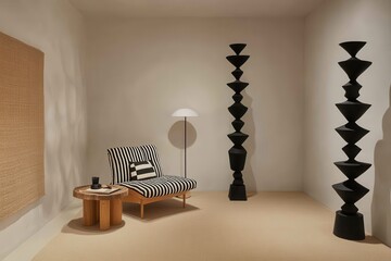 Minimalist interior design featuring a black and white armchair, wooden side table, tall geometric sculptures, and a light beige wall.  